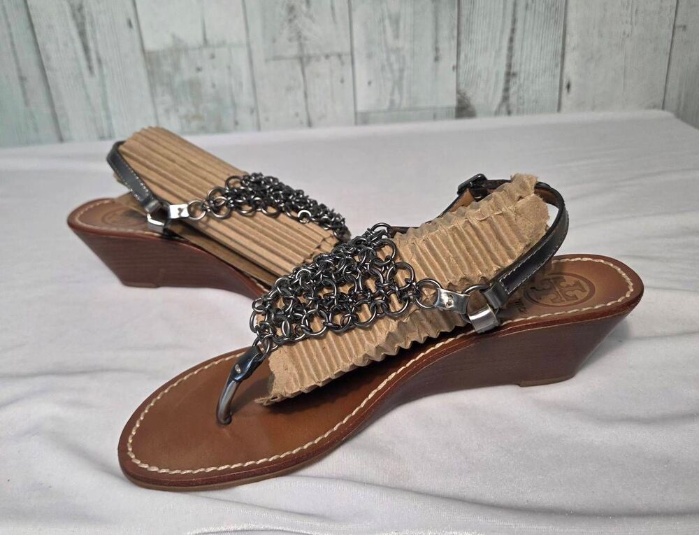 Tory Burch RARE Chainmail Slingback Thong Wedge Sandals Sz. 7